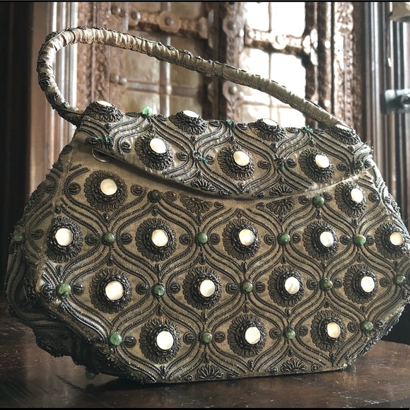 Vintage Silk, Natural Emeralds & Natural Baby Pearls Handbag ♥️ - Picture 14 of 16